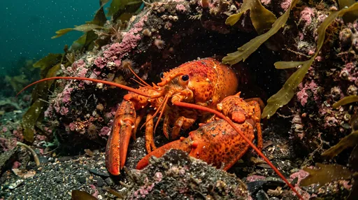 Red Morph Lobster in Underwater Crevice