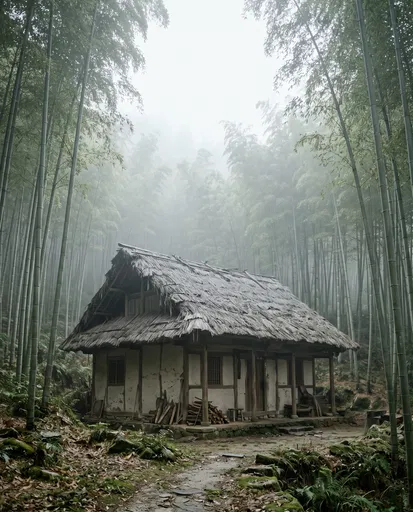 Rustic Thatched Cottage in Misty Bamboo Forest