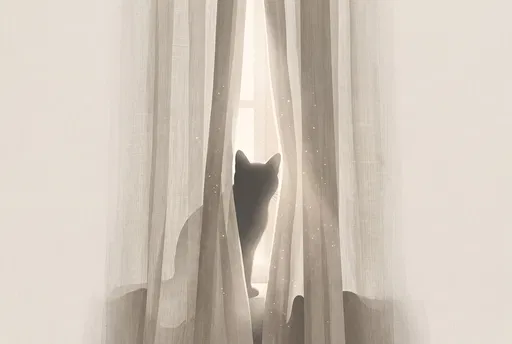 Cat Silhouette Behind Sunlit Curtains