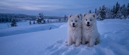 Two Samoyed Puppies in Twilight Snow