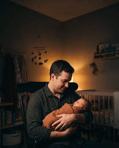Father Cradling Newborn in Dim Nursery