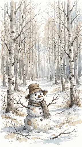 Watercolor Snowman in Winter Birch Forest