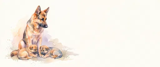 Watercolor German Shepherd Mother and Two Puppies