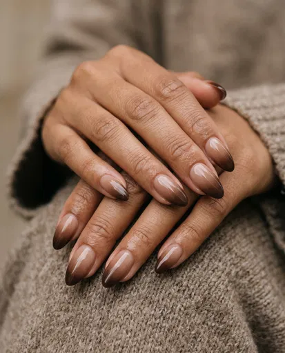 Glossy Brown Ombre Almond Nails