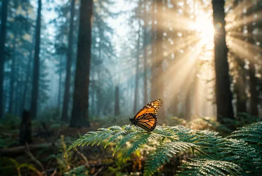 Monarch Butterfly on Fern in Misty Forest