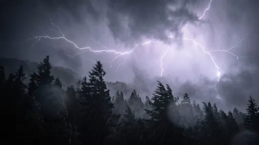 Lightning Storm Over Misty Pine Forest