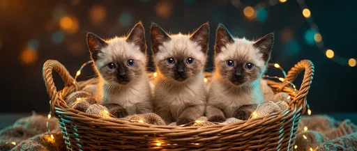 Three Siamese Kittens in Woven Basket