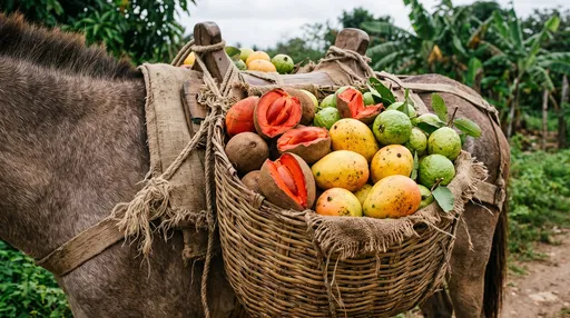 Tropical Fruits in Basket on Mule