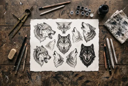 Wolf Tattoo Flash Sheet Flat Lay