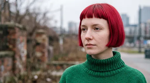 Woman With Red Bob In Green Turtleneck