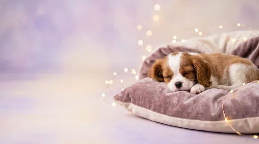 Sleeping Spaniel Puppy on Velvet Cushion