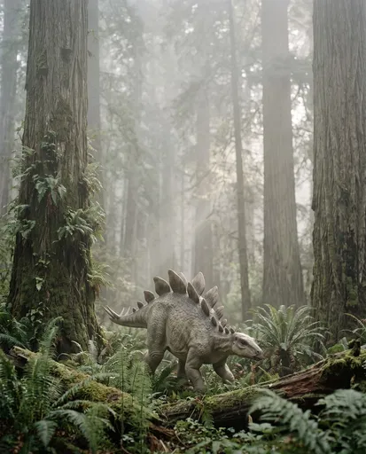 Juvenile Stegosaurus in Misty Redwood Forest