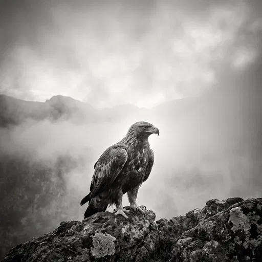 Monochrome Eagle on Misty Mountain Crag