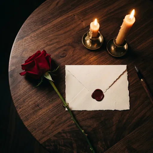 Red Rose and Sealed Envelope by Candlelight