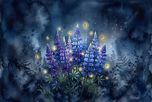 Watercolor Lupines With Fireflies at Night