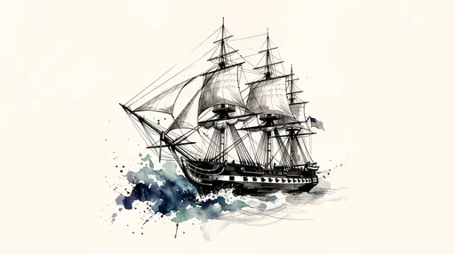 Watercolor and Ink Frigate Ship Illustration