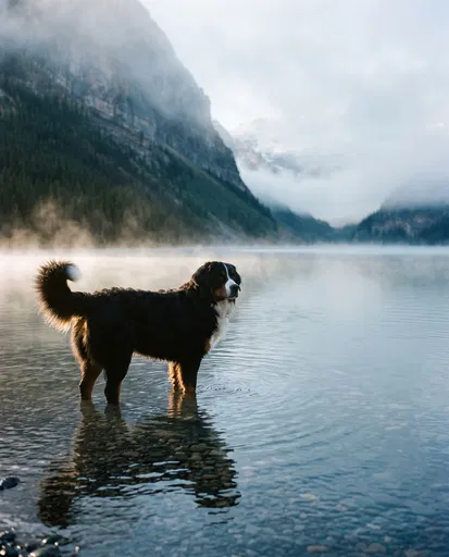 Bernese Mountain Dog in Misty Lake