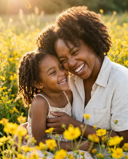 Mother and Daughter Laughing in Wildflower Field