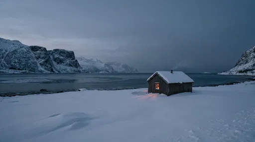 Wooden Cabin on Snowy Nordic Fjord