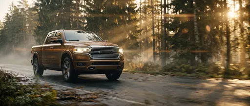 Bronze Pickup Truck on Misty Forest Road