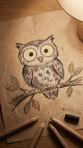 Charcoal Owl Drawing on Kraft Paper