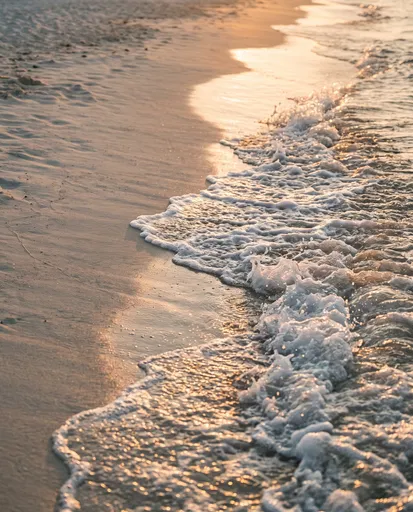 Golden Sunset Waves on Sandy Shore