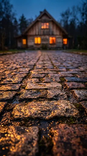Wet Cobblestone Path to Glowing Cabin