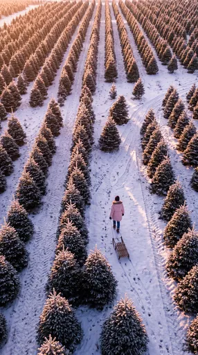 Aerial View of Snowy Christmas Tree Farm