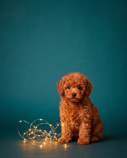 Red Toy Poodle Puppy With Fairy Lights