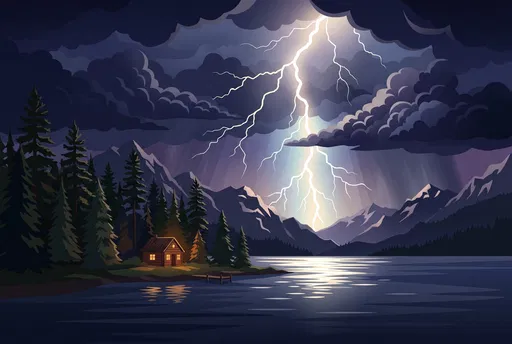 Thunderstorm Over Mountain Lake Cabin Illustration