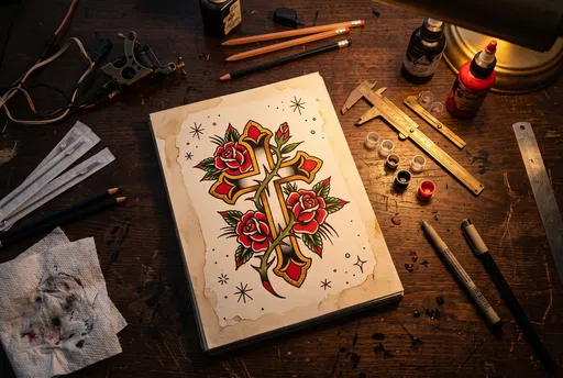 Traditional Cross Tattoo Flash on Artist Desk