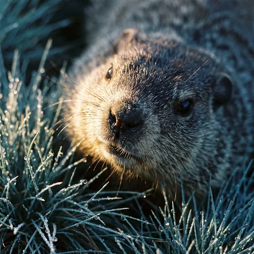 Close-Up Groundhog in Dewy Grass