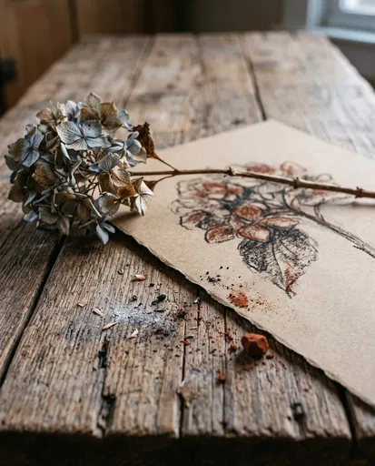 Dried Hydrangea and Charcoal Sketch on Wood