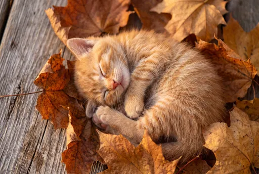 Ginger Kitten Sleeping in Autumn Leaves