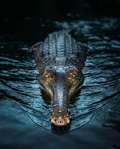 Gharial Floating in Dark Water at Night