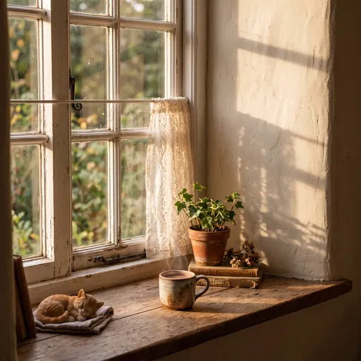 Cozy Windowsill With Cocoa and Kitten