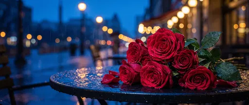 Red Roses on Rainy Bistro Table