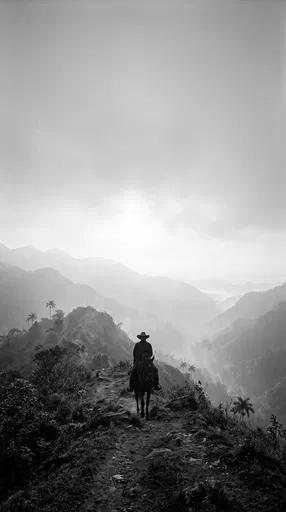 Silhouetted Horseman on Misty Mountain Ridge
