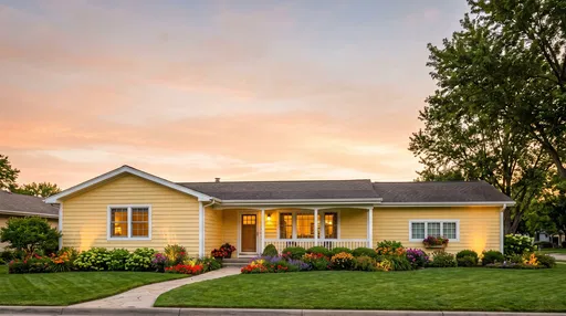 Yellow Ranch Style House at Dusk