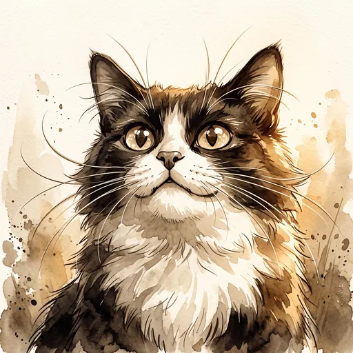 Sepia Ink and Wash Tuxedo Cat Portrait