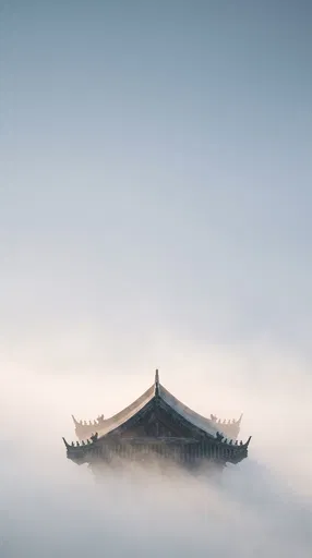 Traditional Chinese Roof in Morning Fog