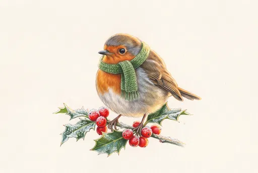 Robin in Green Scarf on Holly Branch