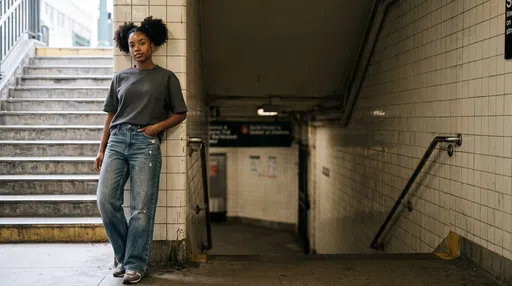 Young Woman Leaning in Subway Entrance