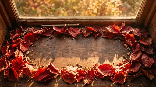 Red Autumn Leaves Frame on Window Sill