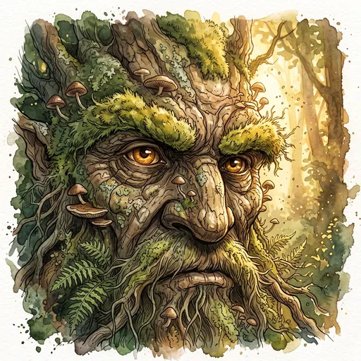 Watercolor Ancient Forest Guardian Portrait