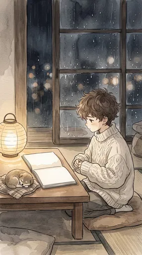 Boy Reading by Rainy Night Window