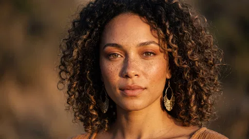 Portrait of Freckled Woman with Curly Hair