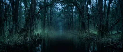 Dark Misty Cypress Swamp at Blue Hour