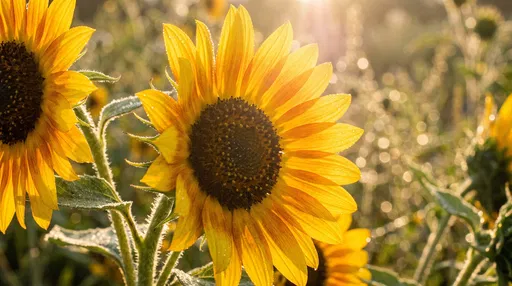 Backlit Yellow Sunflowers in Morning Sunlight