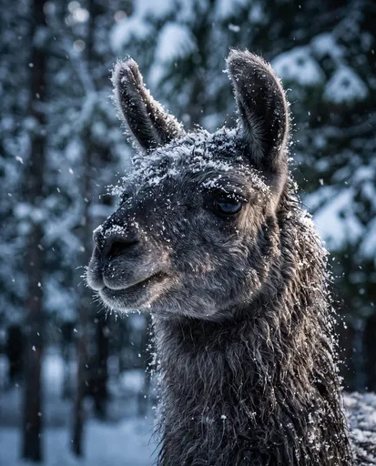 Dark Grey Llama in Winter Snow